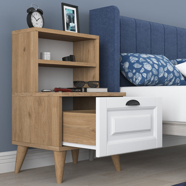 Rani BD105 Bedside Table with 2 Shelves Membrane Drawer Bedside Table Basket Walnut - White