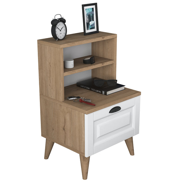 Rani BD105 Bedside Table with 2 Shelves Membrane Drawer Bedside Table Basket Walnut - White