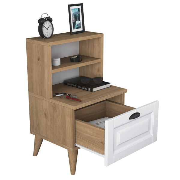 Rani BD105 Bedside Table with 2 Shelves Membrane Drawer Bedside Table Basket Walnut - White
