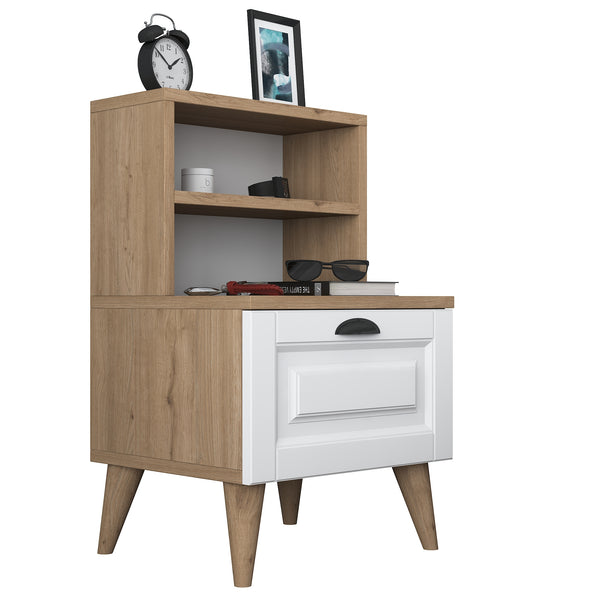 Rani BD105 Bedside Table with 2 Shelves Membrane Drawer Bedside Table Basket Walnut - White