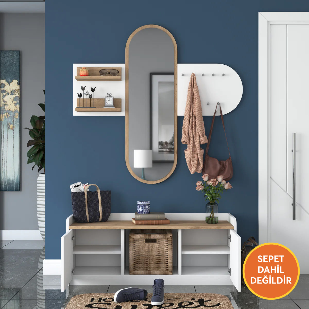 Rani EE101 Aynalı Vestiyer Modern Portmanto Duvar Askısı Ayakkabılık Renk: Beyaz - S. Ceviz