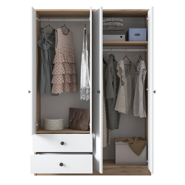 Rani BA108 Large Wardrobe Clothes Cabinet 4 Doors 2 Drawers 1 Shelf 2 Hangers Basket Walnut - White