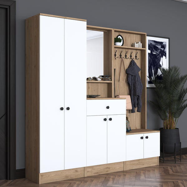 Rani P6 Modern Wardrobe with Drawer Mirrored Shelf Shoe Rack Cloakroom Basket Walnut - White M2