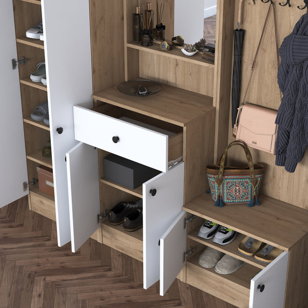 Rani P6 Modern Çekmeceli Aynalı Raflı Portmanto Ayakkabılık Vestiyer Sepet Ceviz - Beyaz M2