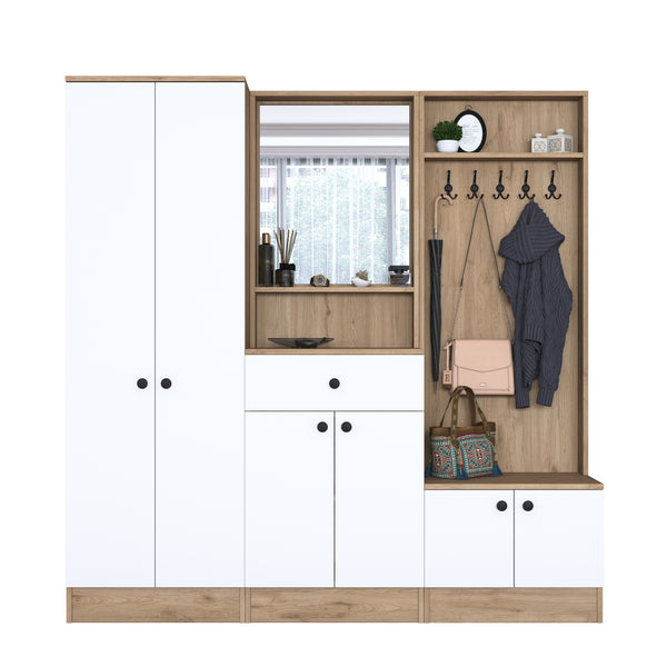 Rani P6 Modern Çekmeceli Aynalı Raflı Portmanto Ayakkabılık Vestiyer Sepet Ceviz - Beyaz M2