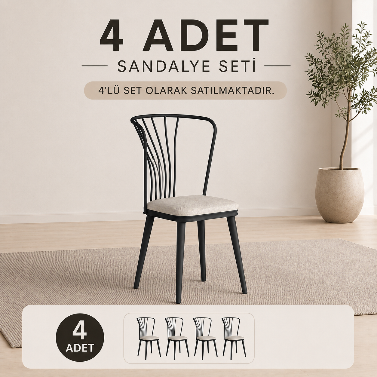 Rani JB104 Metal Sandalye 4'lü Mutfak Yemek Masası Sandalyesi Krem