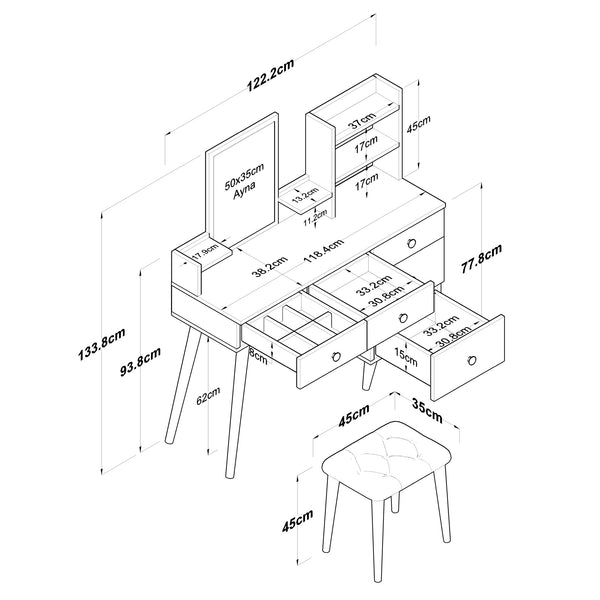 Rani BJ101 Makeup Dressing Table 5 Drawers Shelves Mirrored Jewelry Organizer Pouf Set White