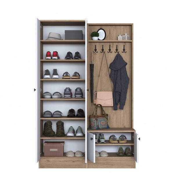 Rani P6 Modern Coat Rack Shelf Shoe Rack Cloakroom Basket Walnut - White M11