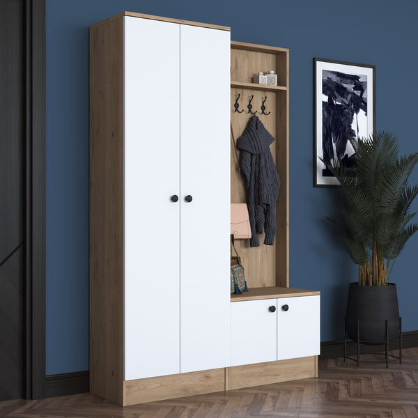 Rani P6 Modern Coat Rack Shelf Shoe Rack Cloakroom Basket Walnut - White M11
