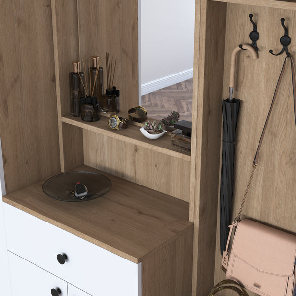 Rani EA104 Coat Rack with Drawer Mirrored Shelf Cloakroom Basket Walnut - White
