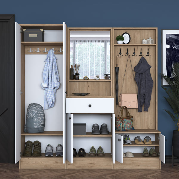 Rani P6 Modern With Drawer Mirrored Hanging Coat Rack Shoe Rack Cloakroom Basket Walnut - White M3