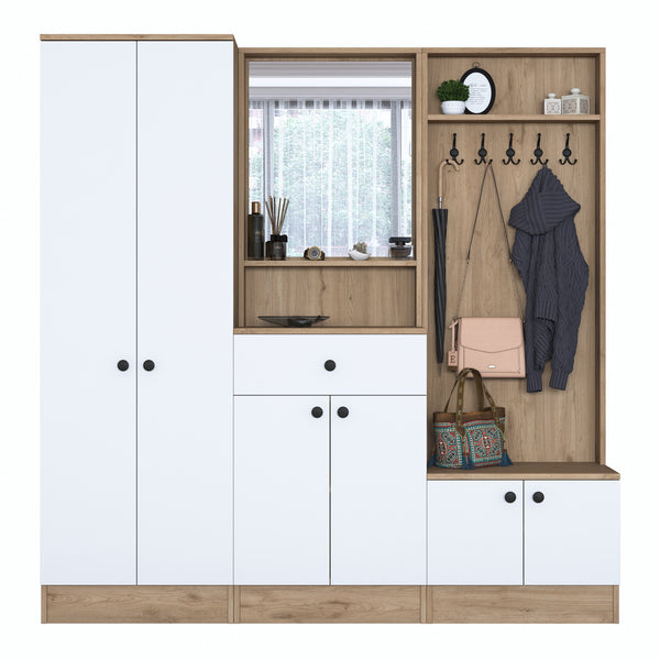 Rani P6 Modern With Drawer Mirrored Hanging Coat Rack Shoe Rack Cloakroom Basket Walnut - White M3