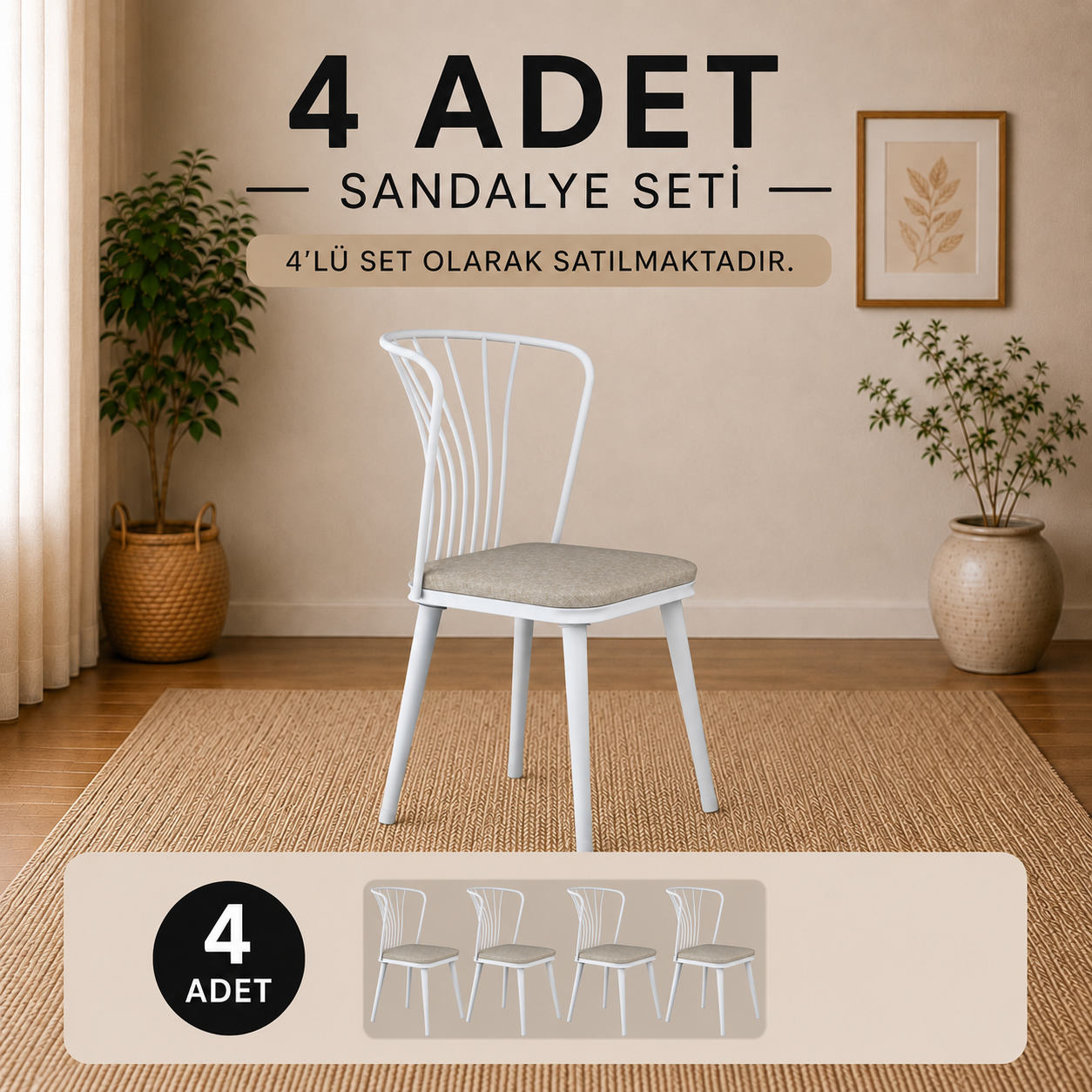 Rani JB104 Metal Sandalye 4'lü Mutfak Yemek Masası Sandalyesi Beyaz - Bej