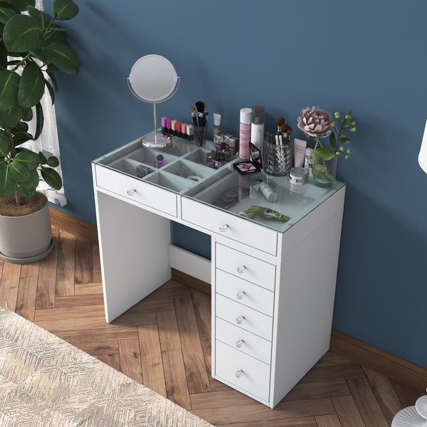 Rani BJ107 Makeup Dressing Table With 7 Drawers Glass Top Jewelry Organizer White