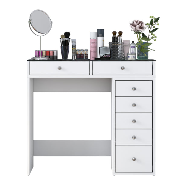 Rani BJ107 Makeup Dressing Table With 7 Drawers Glass Top Jewelry Organizer White