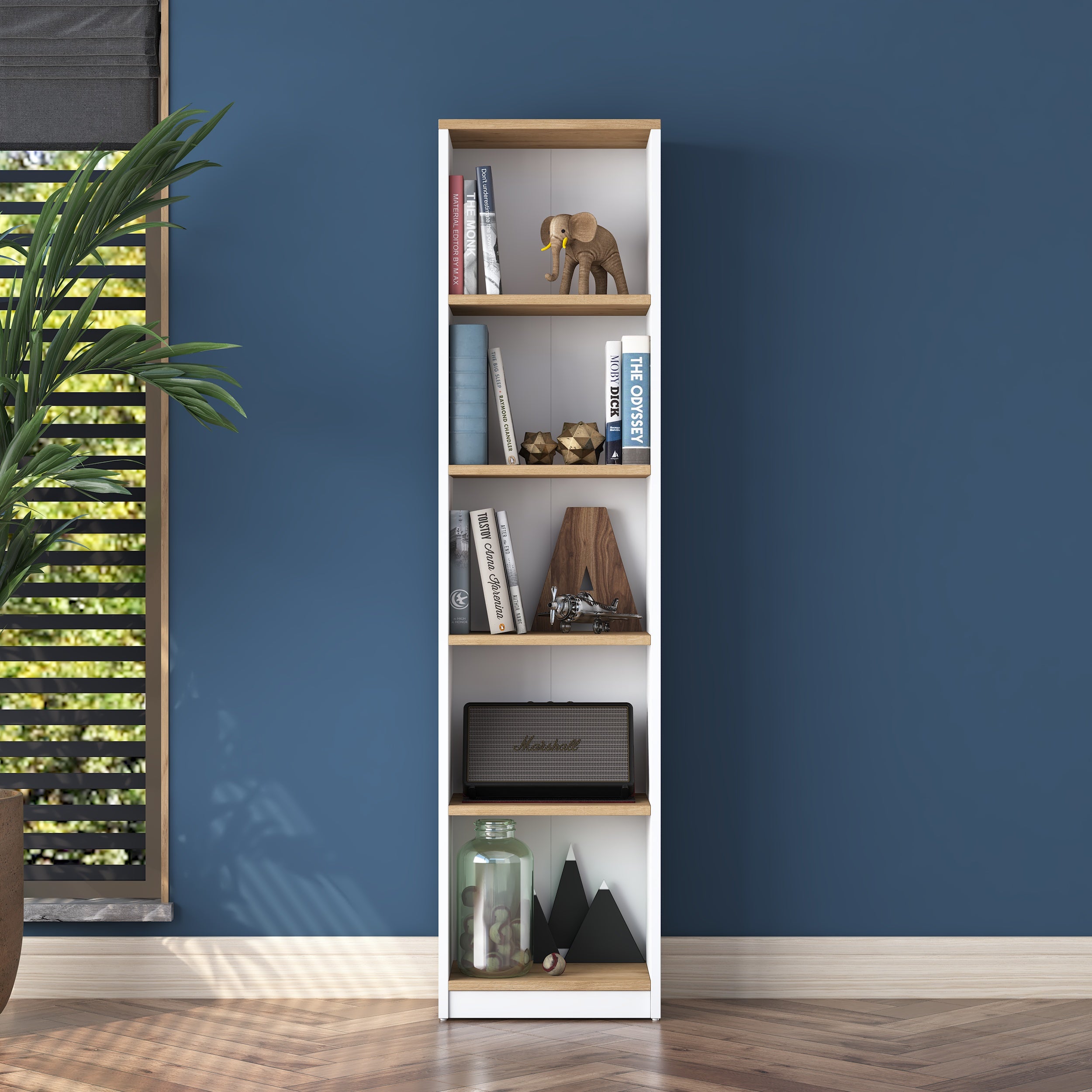 Rani HC111 Kitaplık 5 Raflı Çalışma Odası Kütüphane Modern Duvar Rafı Beyaz - Sepet Ceviz