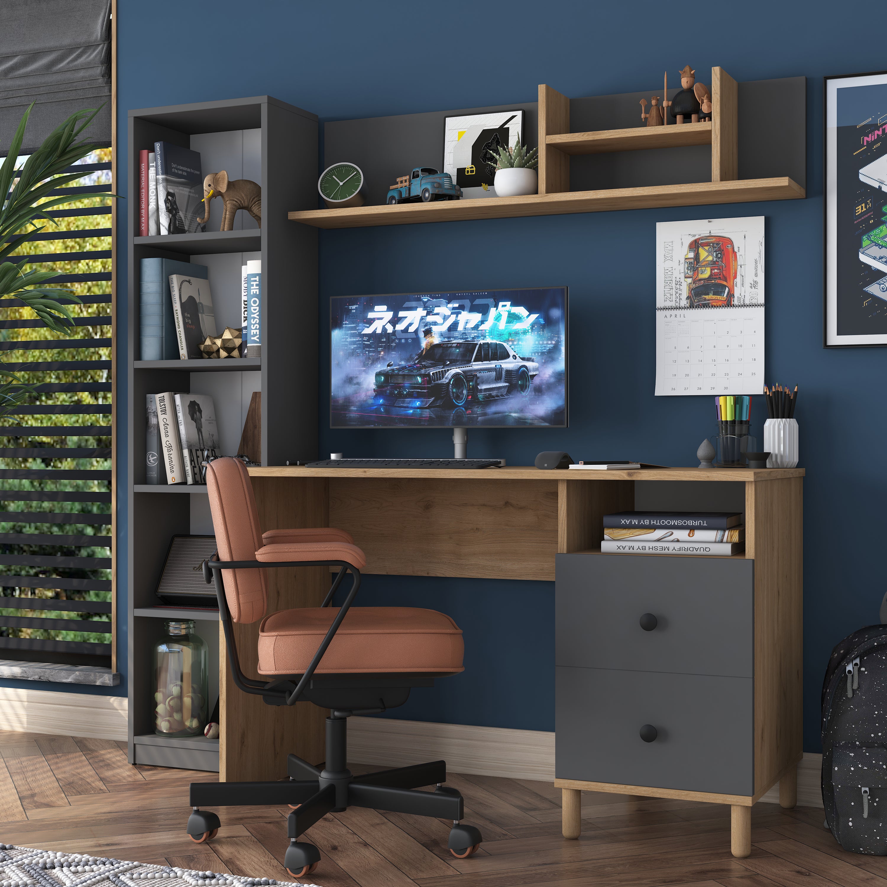 Rani HA115 Çekmeceli Kitaplıklı Çalışma Ofis Bilgisayar Masası Sepet Ceviz - Antrasit