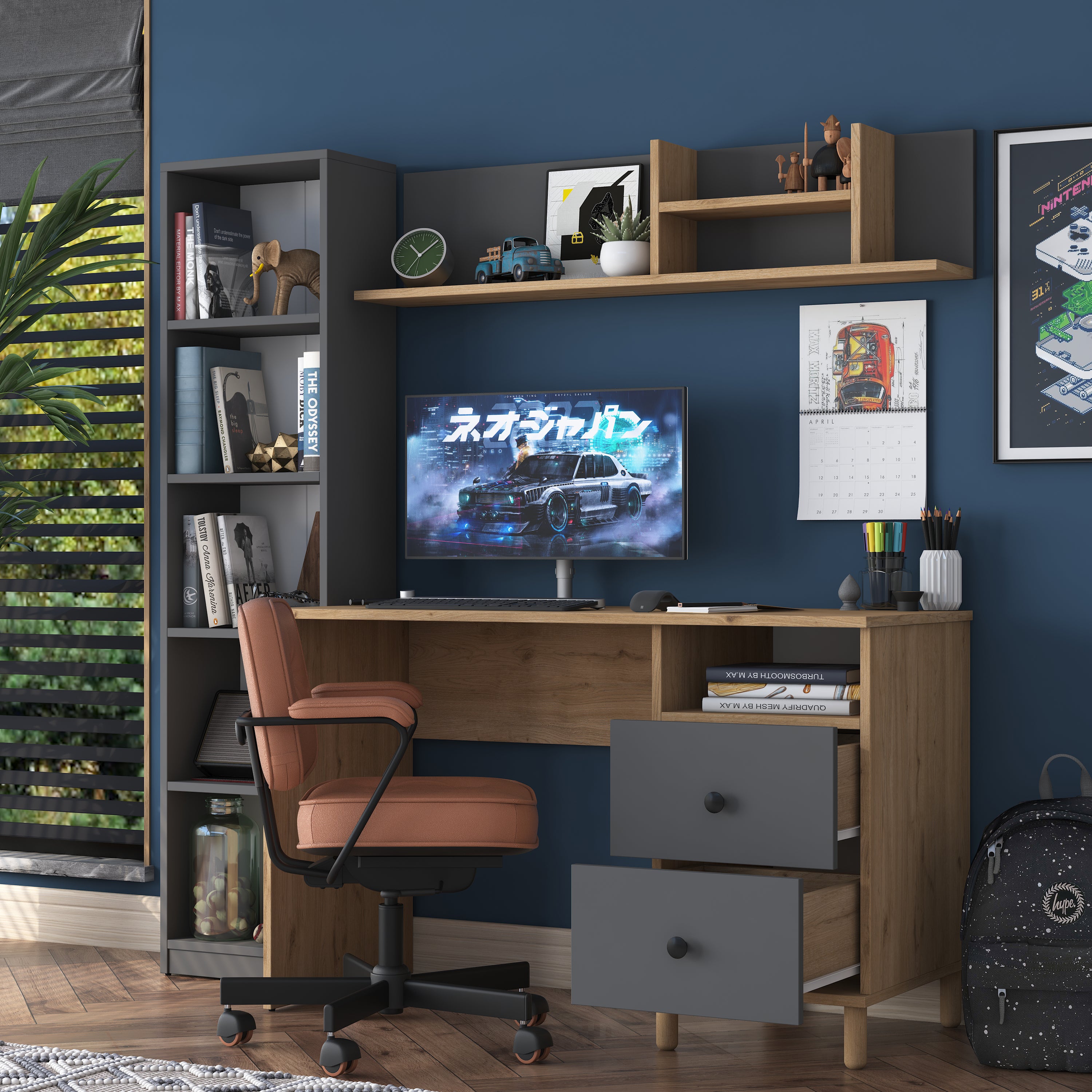 Rani HA115 Çekmeceli Kitaplıklı Çalışma Ofis Bilgisayar Masası Sepet Ceviz - Antrasit