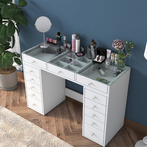 Rani BJ105 Makeup Dressing Table With 13 Drawers Glass Top Jewelry Organizer White