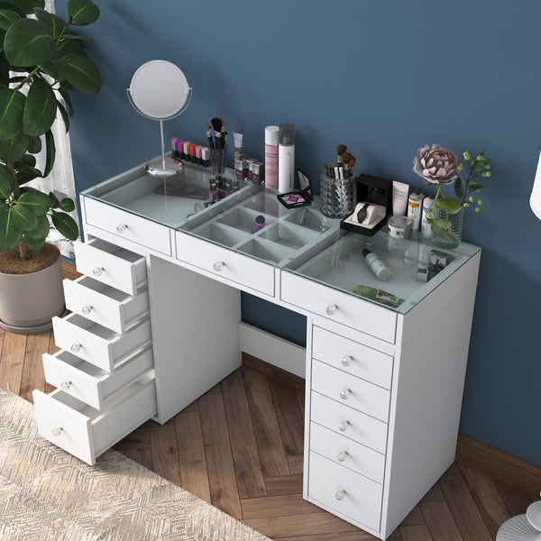 Rani BJ105 Makeup Dressing Table With 13 Drawers Glass Top Jewelry Organizer White