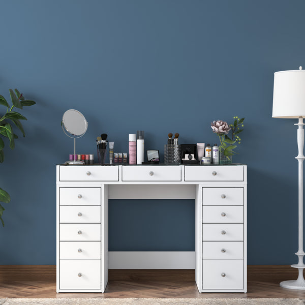 Rani BJ105 Makeup Dressing Table With 13 Drawers Glass Top Jewelry Organizer White