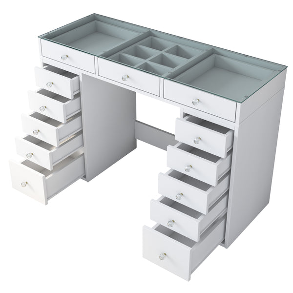 Rani BJ105 Makeup Dressing Table With 13 Drawers Glass Top Jewelry Organizer White
