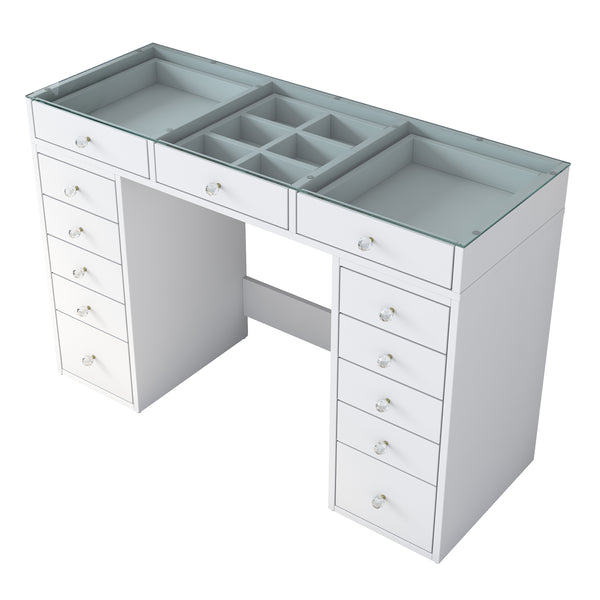 Rani BJ105 Makeup Dressing Table With 13 Drawers Glass Top Jewelry Organizer White
