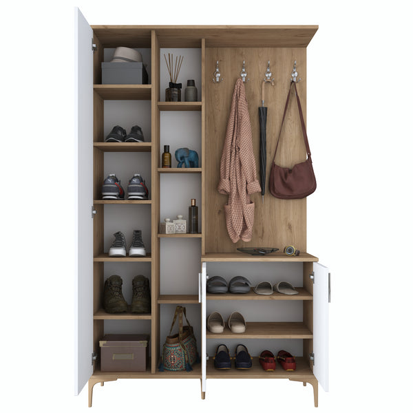 Rani EA109 Coat Rack Shoe Rack with High Mirror and Shelf Cloakroom Basket Walnut - White