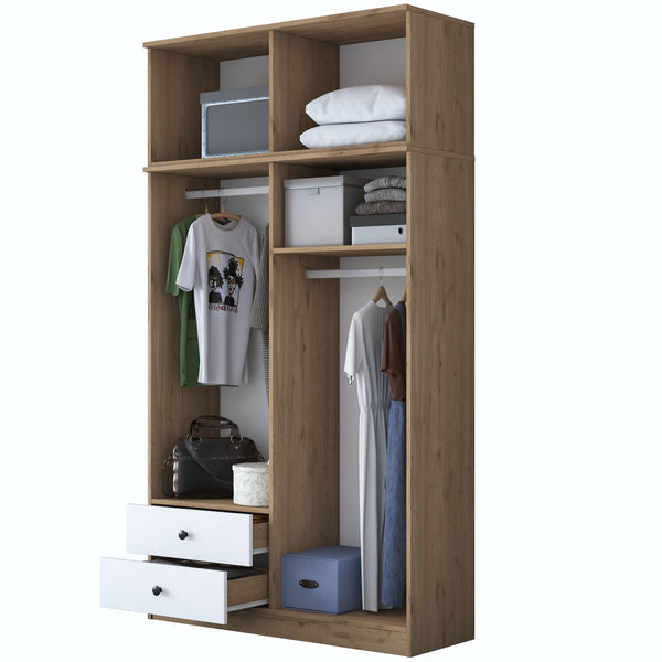 Rani BA121 Wide Wardrobe Clothes Cabinet 8 Doors 2 Drawers 2 Shelves 2 Hangers Basket Walnut - White