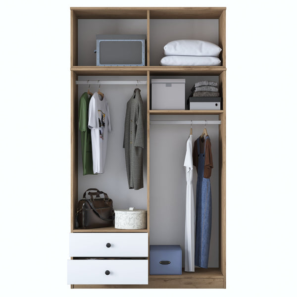 Rani BA121 Wide Wardrobe Clothes Cabinet 8 Doors 2 Drawers 2 Shelves 2 Hangers Basket Walnut - White