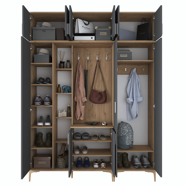 Rani EA121 Coat Rack Shoe Rack with High Mirror and Shelf Cloakroom Basket Walnut - Anthracite