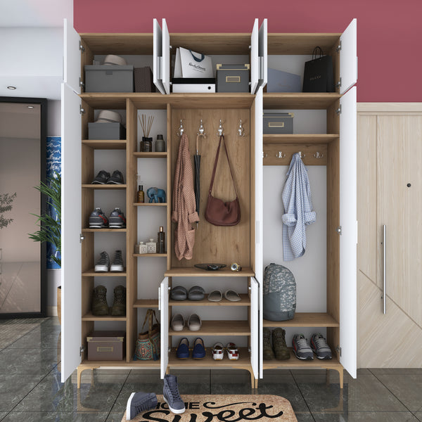 Rani EA121 Coat Rack Shoe Rack with High Mirror and Shelf Cloakroom Basket Walnut - White