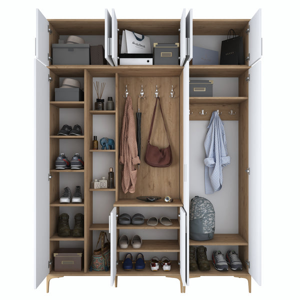 Rani EA121 Coat Rack Shoe Rack with High Mirror and Shelf Cloakroom Basket Walnut - White