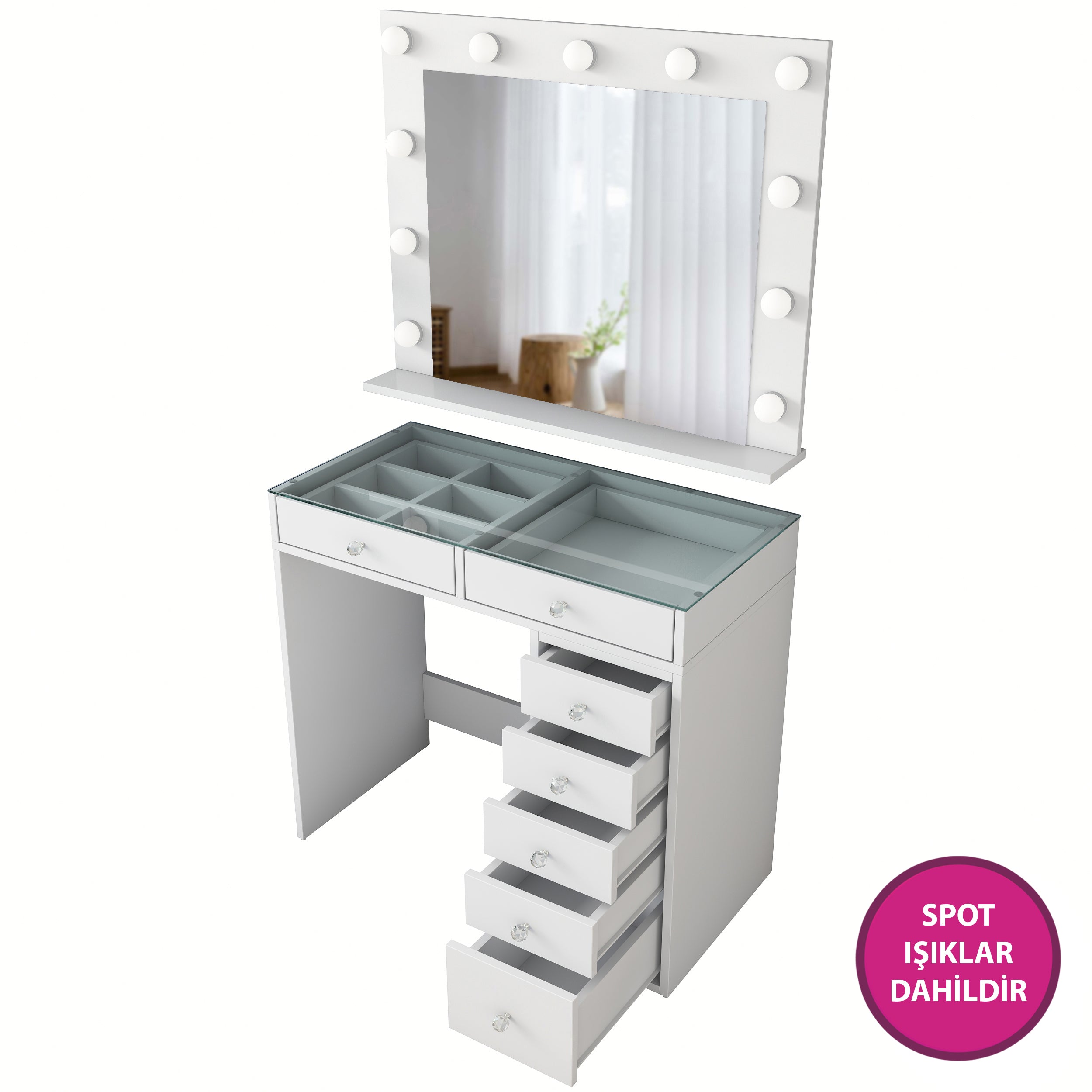Rani BJ117 Hollywood Işıklı Aynalı Kulis Makyaj Masası Cam Tablalı 7 Çekmeceli Takı Düzenleyici Beyaz
