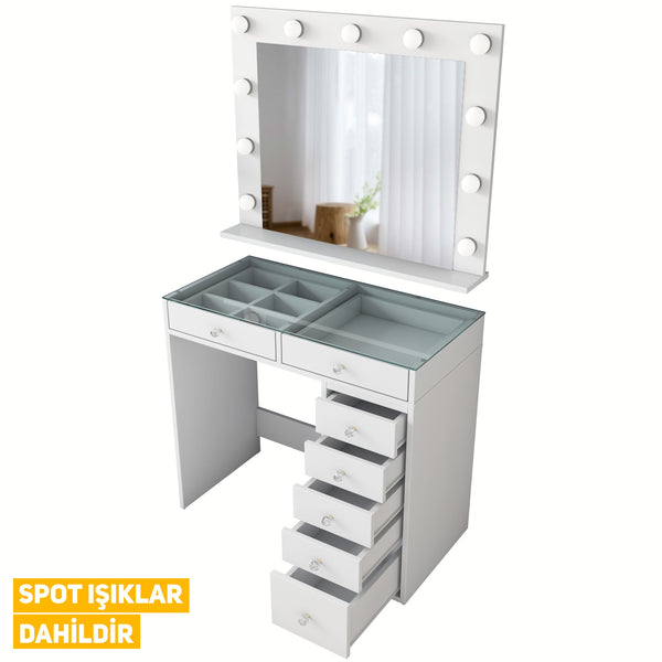 Rani BJ117 Hollywood Illuminated Mirror Backstage Makeup Table with Glass Table Jewelry Organizer White