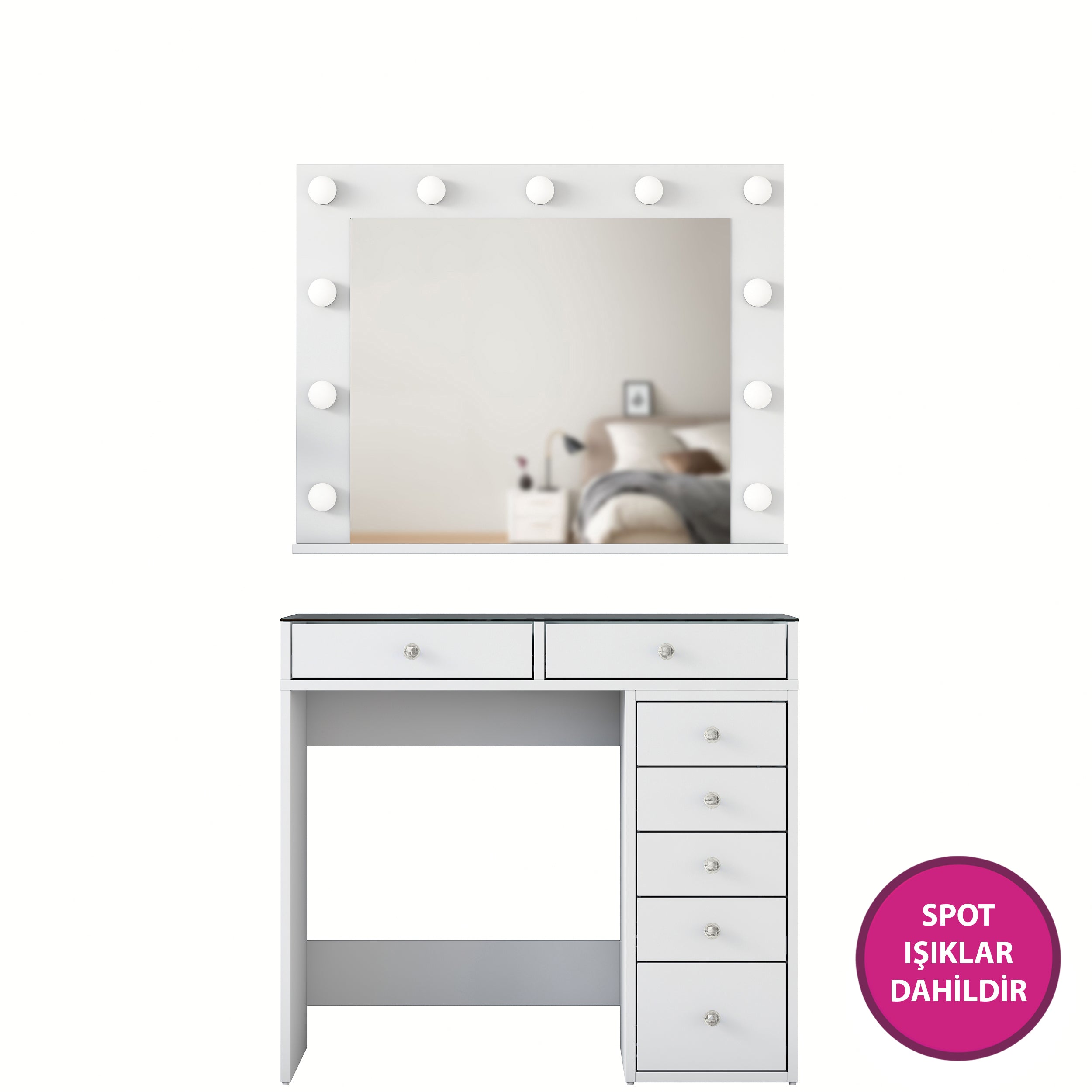 Rani BJ117 Hollywood Işıklı Aynalı Kulis Makyaj Masası Cam Tablalı 7 Çekmeceli Takı Düzenleyici Beyaz