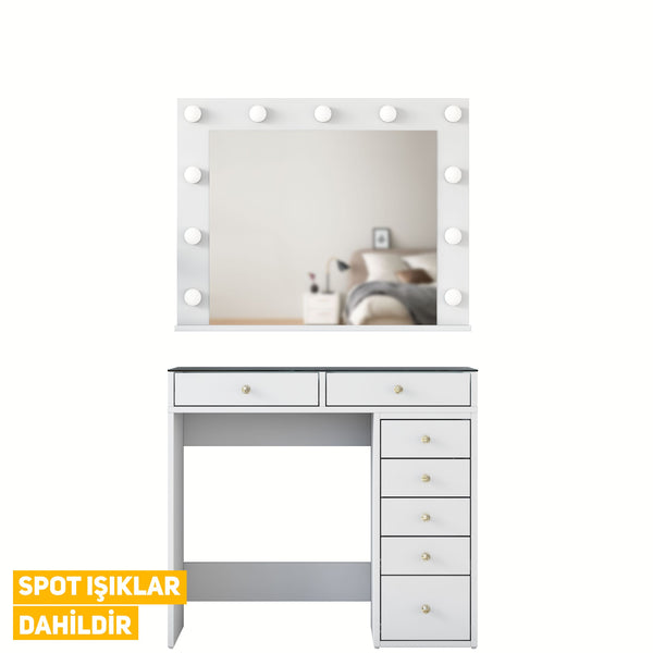 Rani BJ117 Hollywood Illuminated Mirror Backstage Makeup Table with Glass Table Jewelry Organizer White