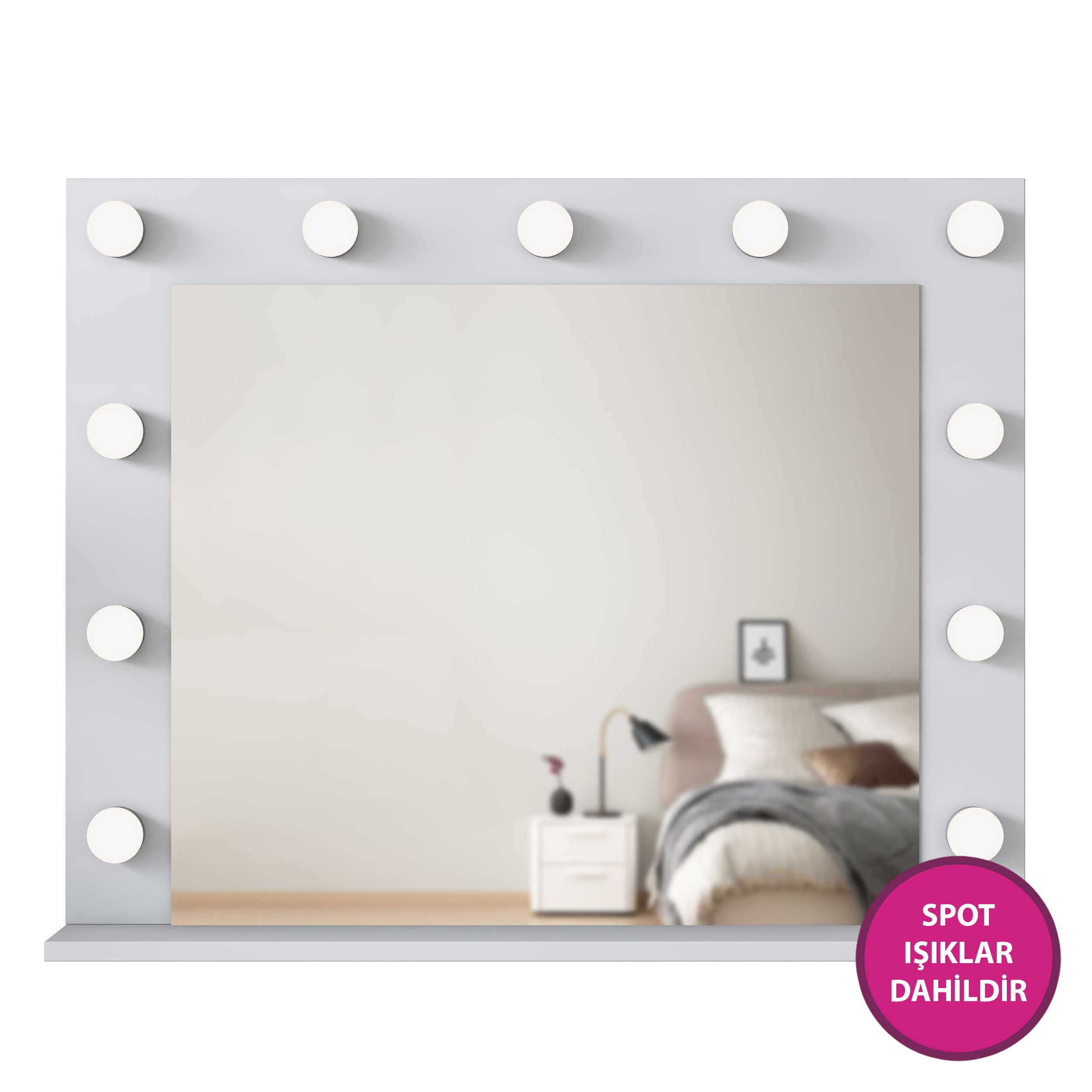 Rani BJ117 Hollywood Işıklı Aynalı Kulis Makyaj Masası Cam Tablalı 7 Çekmeceli Takı Düzenleyici Beyaz