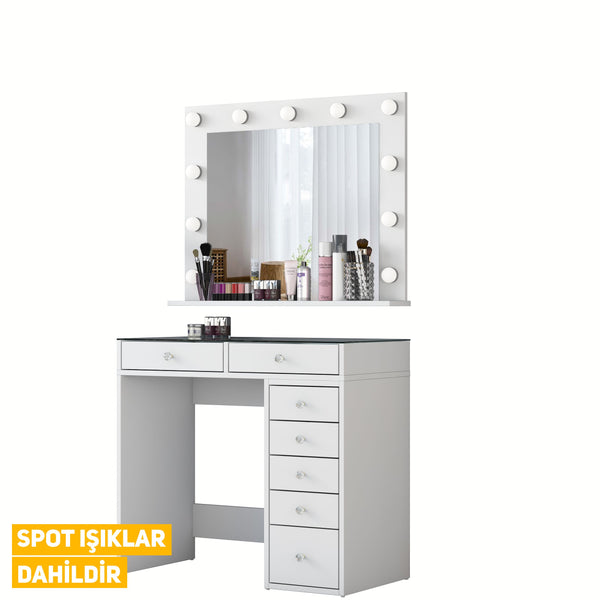 Rani BJ117 Hollywood Illuminated Mirror Backstage Makeup Table with Glass Table Jewelry Organizer White
