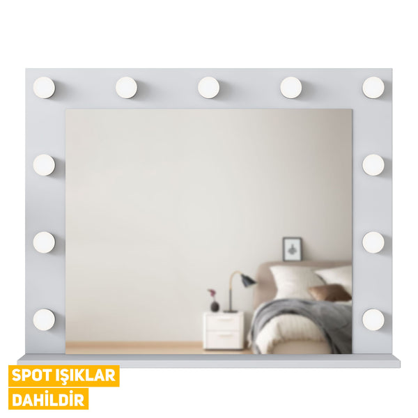 Rani BJ117 Hollywood Işıklı Aynalı Kulis Makyaj Masası Cam Tablalı Takı Düzenleyici Beyaz