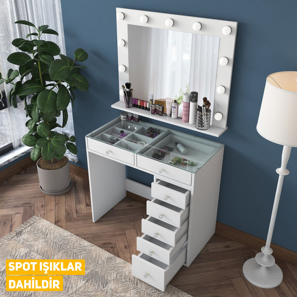 Rani BJ117 Hollywood Illuminated Mirror Backstage Makeup Table with Glass Table Jewelry Organizer White
