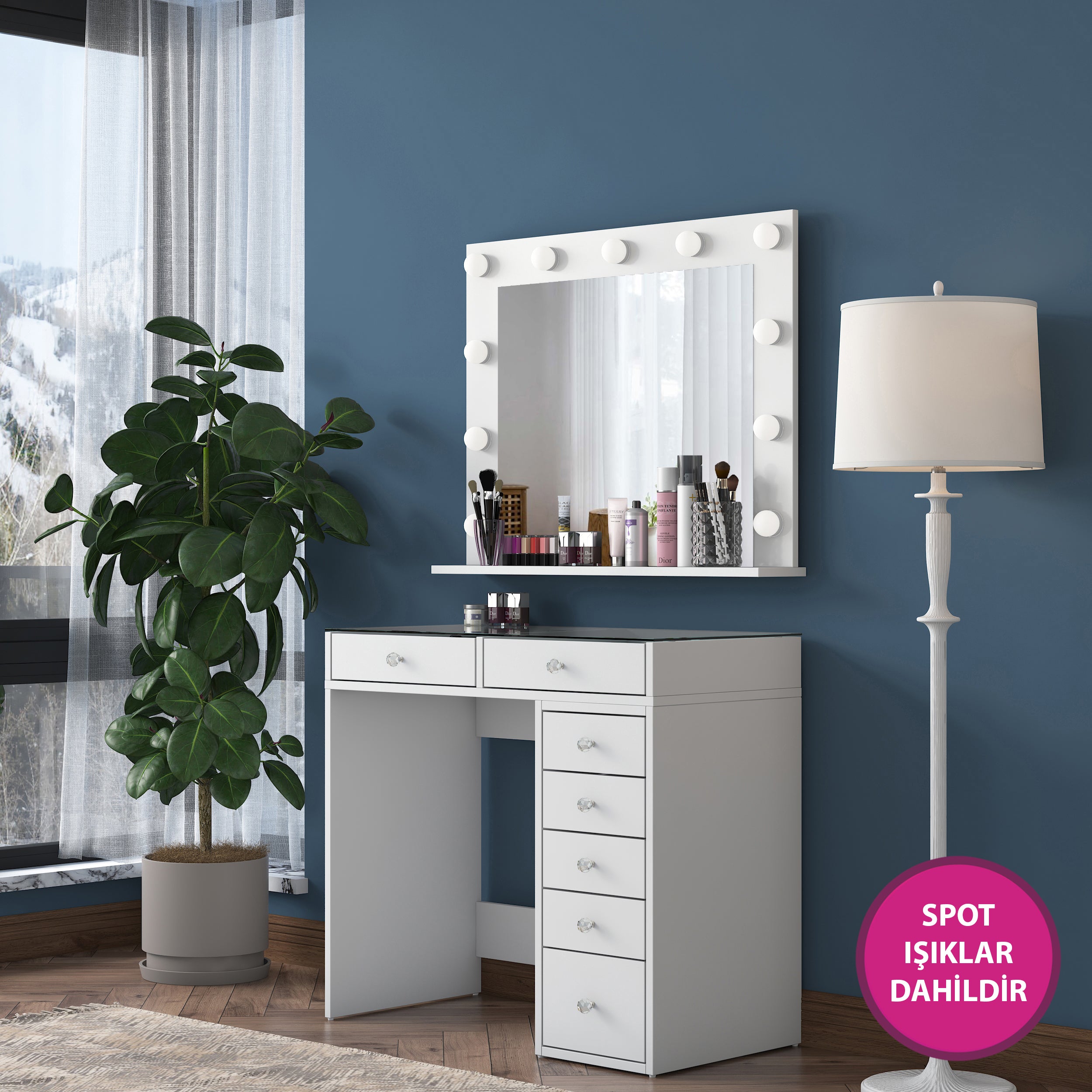 Rani BJ117 Hollywood Işıklı Aynalı Kulis Makyaj Masası Cam Tablalı 7 Çekmeceli Takı Düzenleyici Beyaz