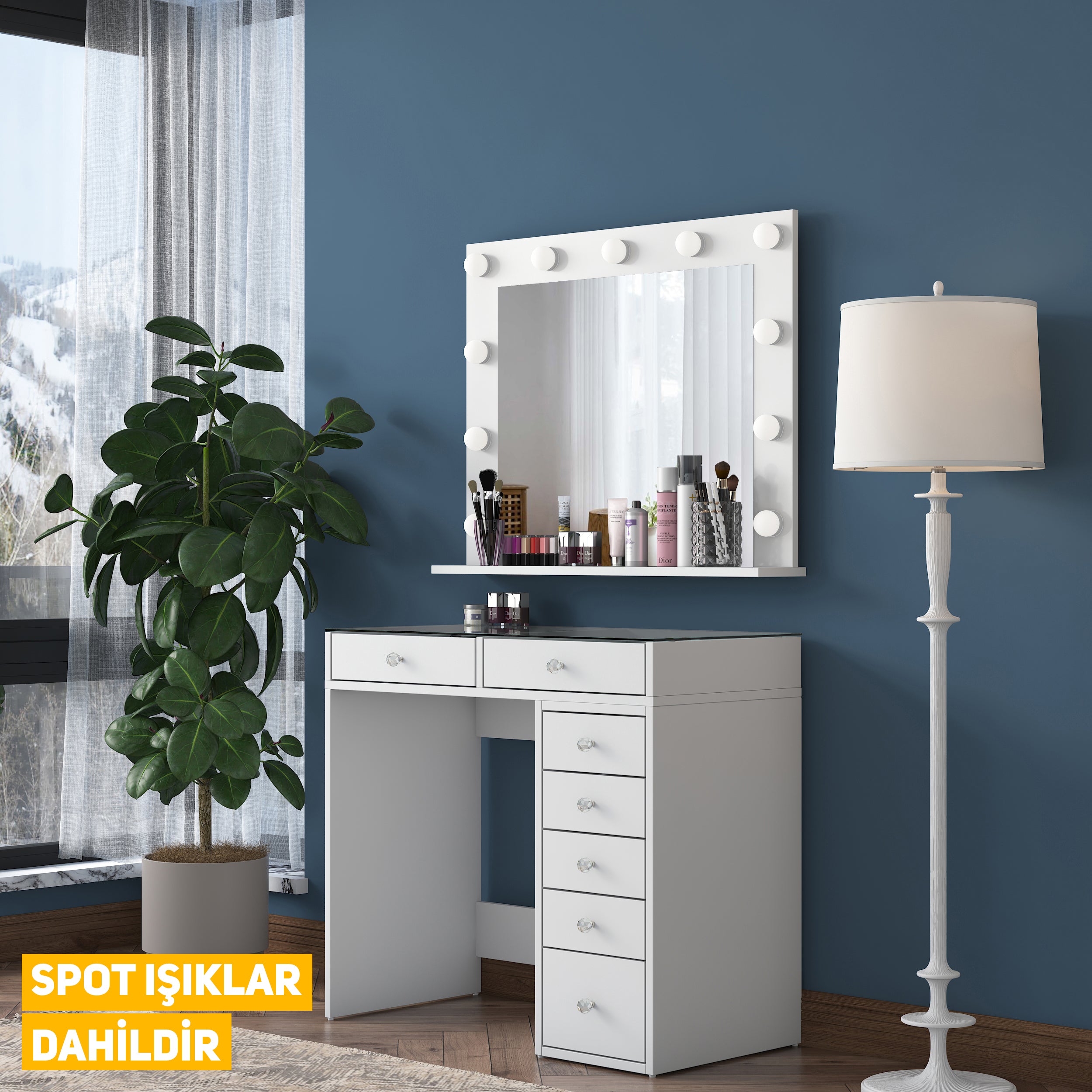 Rani BJ117 Hollywood Işıklı Aynalı Kulis Makyaj Masası Cam Tablalı 7 Çekmeceli Takı Düzenleyici Beyaz
