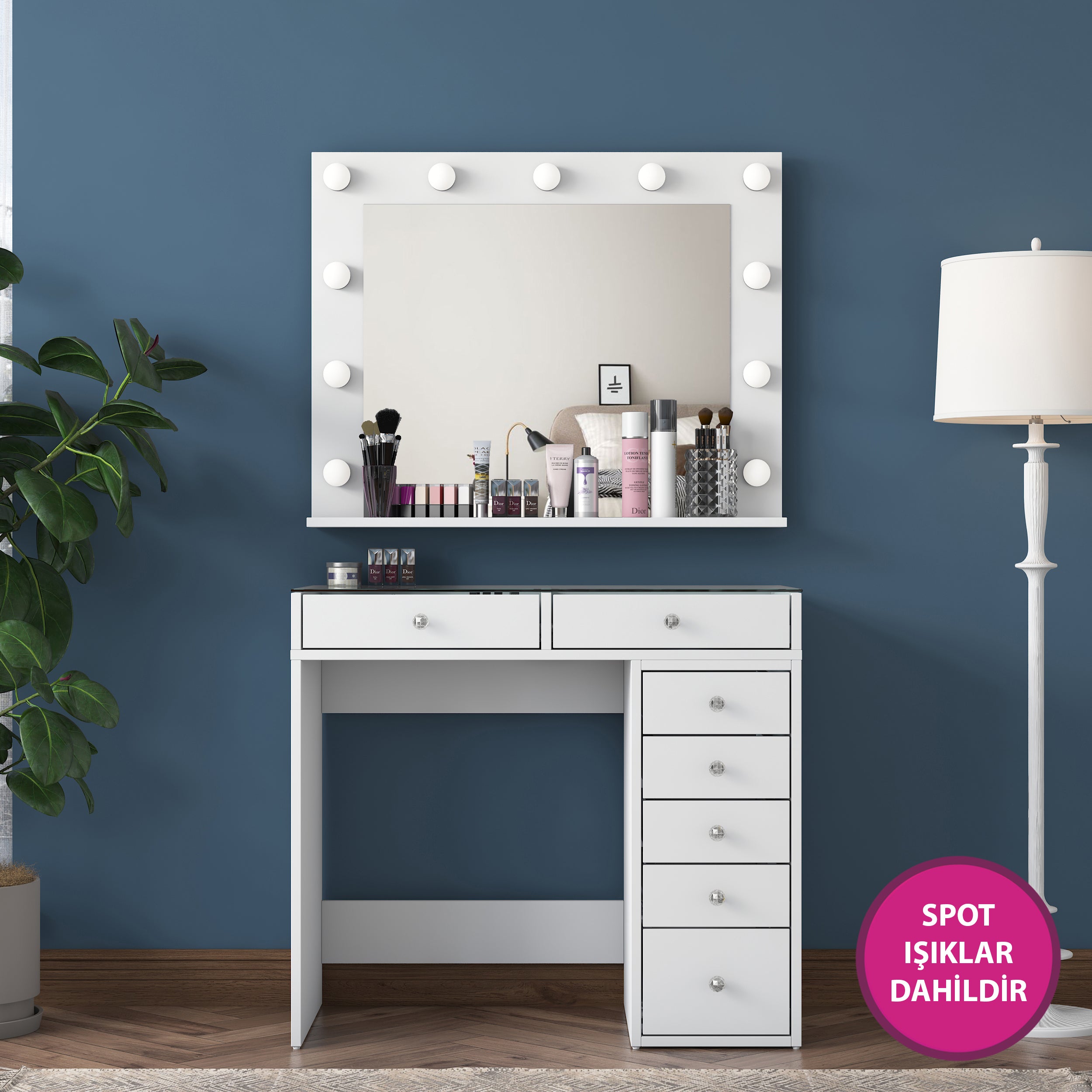 Rani BJ117 Hollywood Işıklı Aynalı Kulis Makyaj Masası Cam Tablalı 7 Çekmeceli Takı Düzenleyici Beyaz