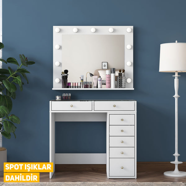 Rani BJ117 Hollywood Illuminated Mirror Backstage Makeup Table with Glass Table Jewelry Organizer White