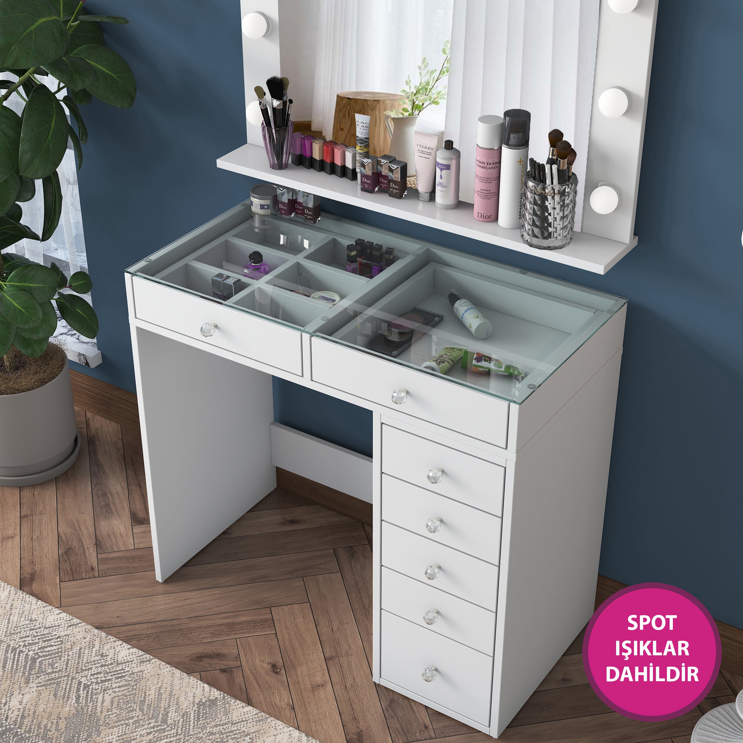 Rani BJ117 Hollywood Işıklı Aynalı Kulis Makyaj Masası Cam Tablalı 7 Çekmeceli Takı Düzenleyici Beyaz