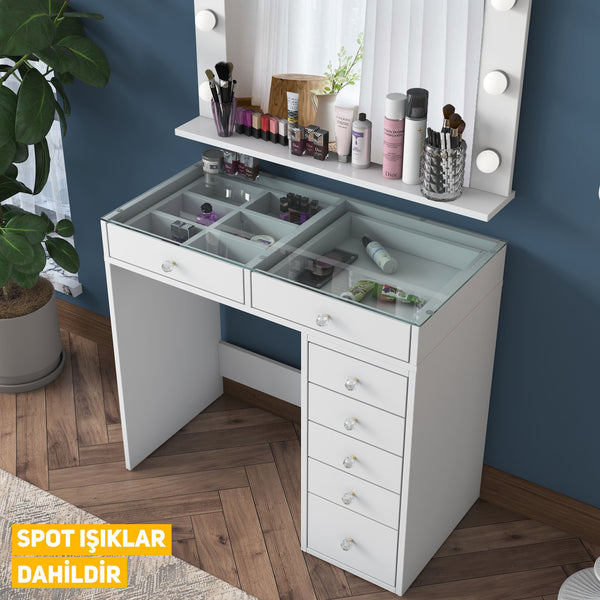 Rani BJ117 Hollywood Illuminated Mirror Backstage Makeup Table with Glass Table Jewelry Organizer White