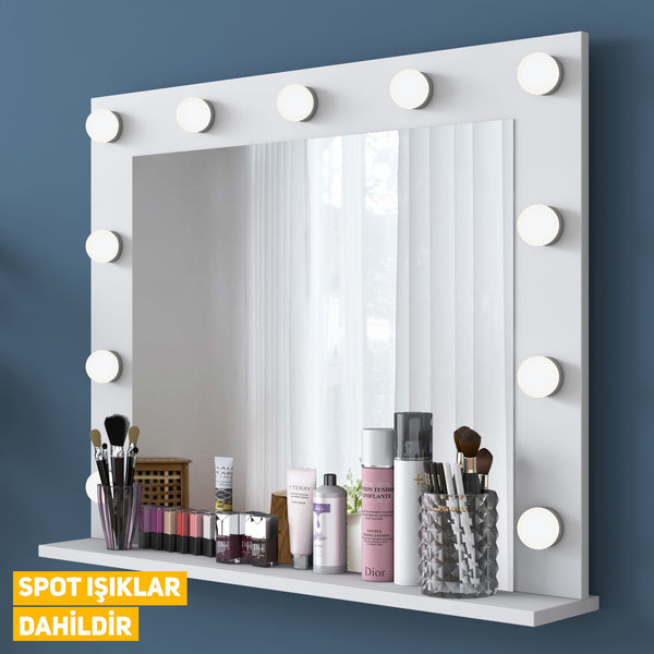 Rani BJ117 Hollywood Işıklı Aynalı Kulis Makyaj Masası Cam Tablalı Takı Düzenleyici Beyaz