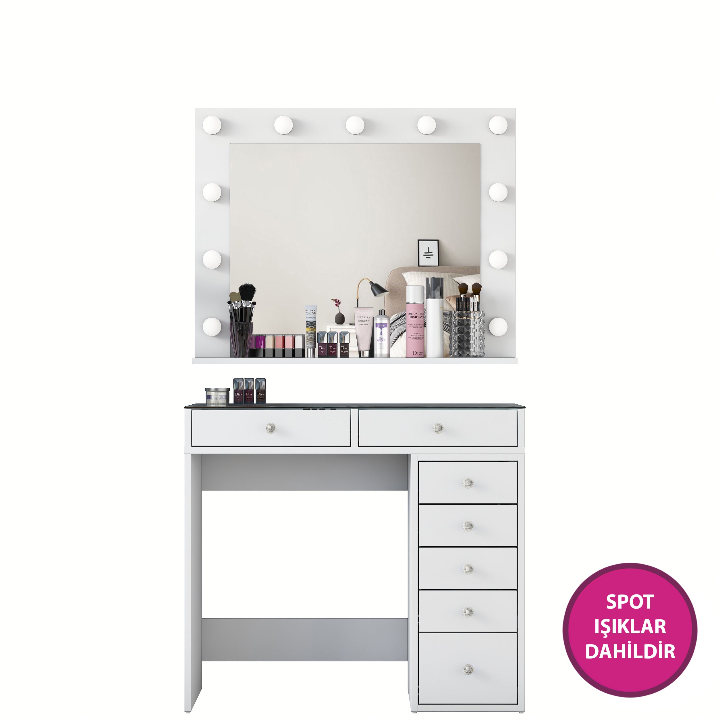 Rani BJ117 Hollywood Işıklı Aynalı Kulis Makyaj Masası Cam Tablalı 7 Çekmeceli Takı Düzenleyici Beyaz