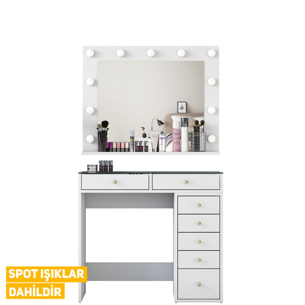 Rani BJ117 Hollywood Illuminated Mirror Backstage Makeup Table with Glass Table Jewelry Organizer White